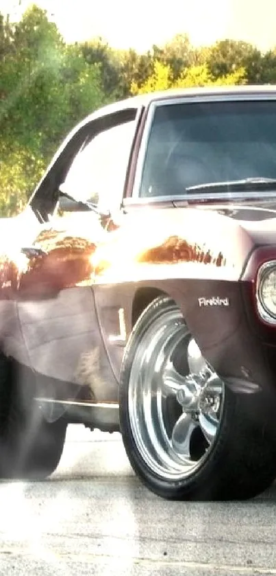 A vintage muscle car in a parking lot at sunset, featuring deep burgundy hues.