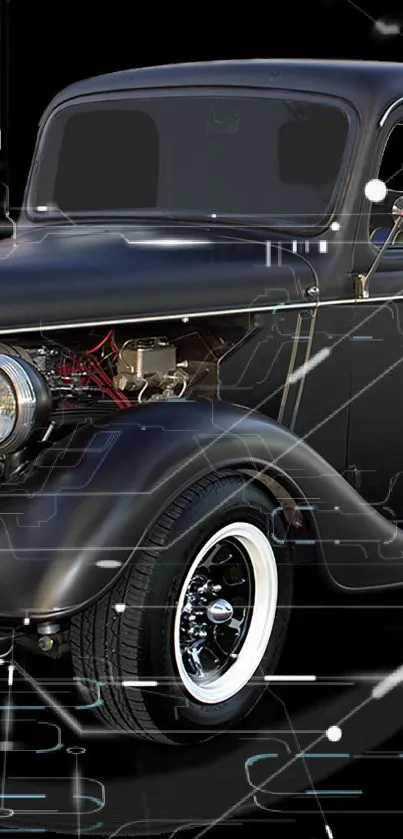 Vintage car with tech design on a sleek black background.