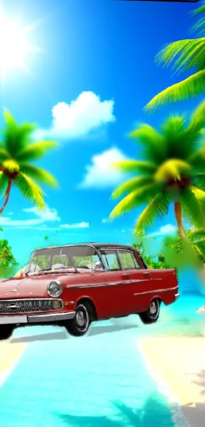 Vintage car on a sunny tropical beach with palm trees.