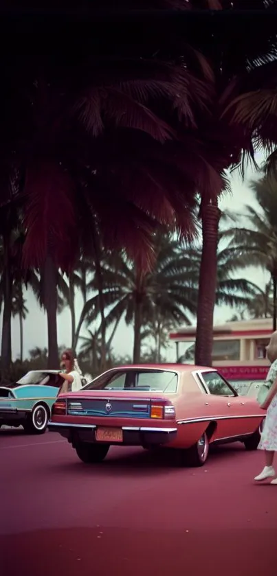 Mobile wallpaper with vintage car and tropical palm trees.