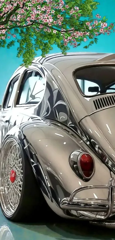 Vintage car with blossom tree and sky in background.