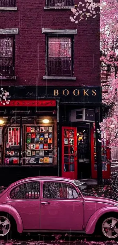 Pink vintage car under cherry blossoms by a bookstore.