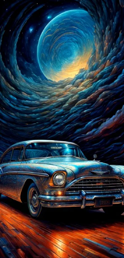 Vintage car under a swirling cosmic sky with vibrant colors.