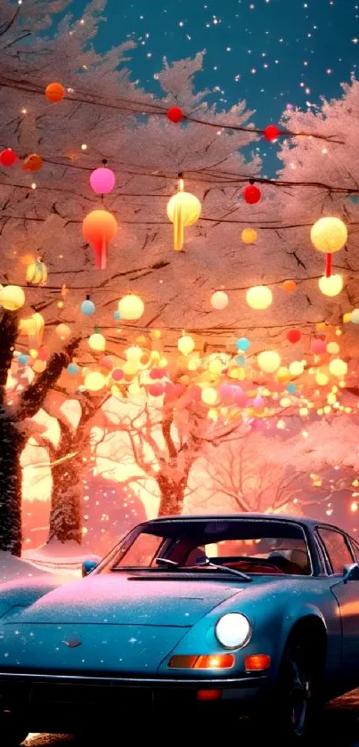 Vintage blue car under colorful lanterns in a snowy evening setting.