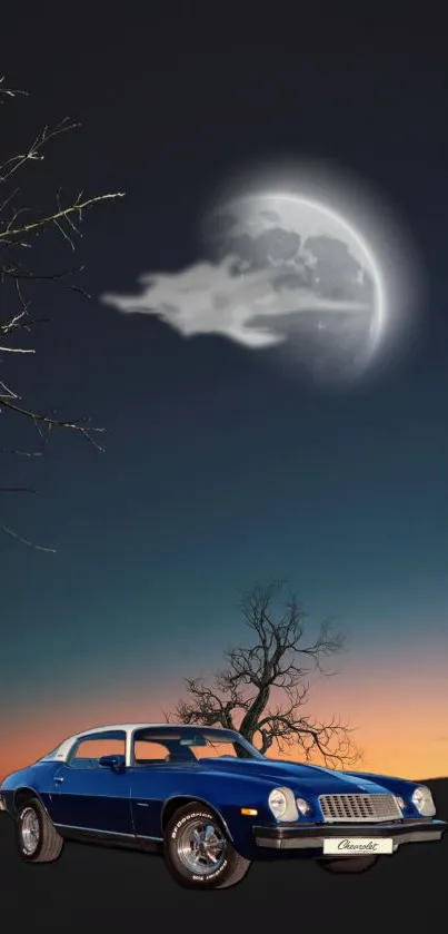 Vintage blue car under a moonlit sky with a twilight backdrop and tree silhouette.