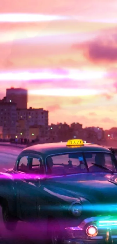 Vintage car under a neon-lit sunset sky downtown.