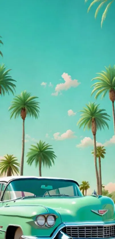 Vintage car with palm trees under a sunny sky.