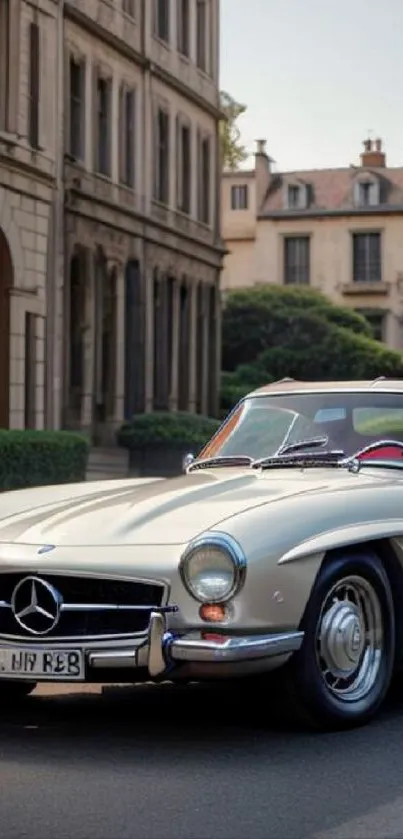 Vintage car in an elegant urban setting with historic buildings.