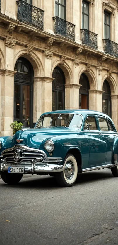 Vintage teal-blue car parked in an urban street setting.