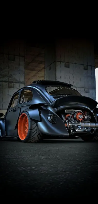 Vintage car with orange wheels under a bridge in an urban setting.