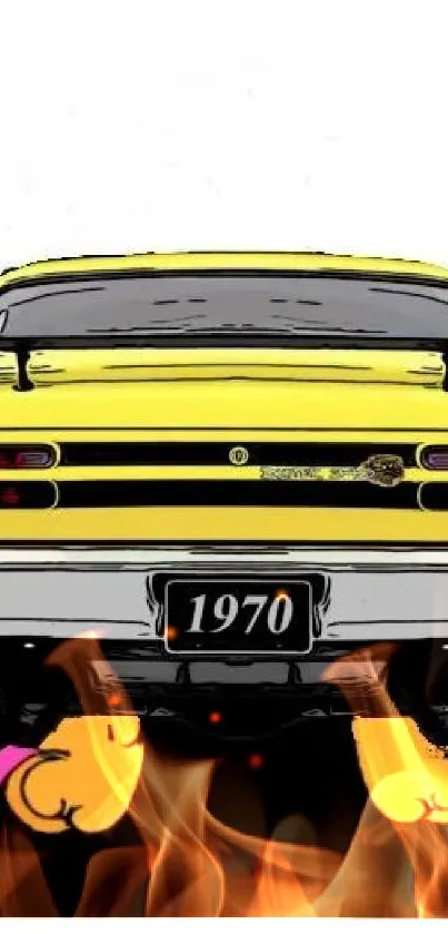 1970s yellow vintage car with colorful background.