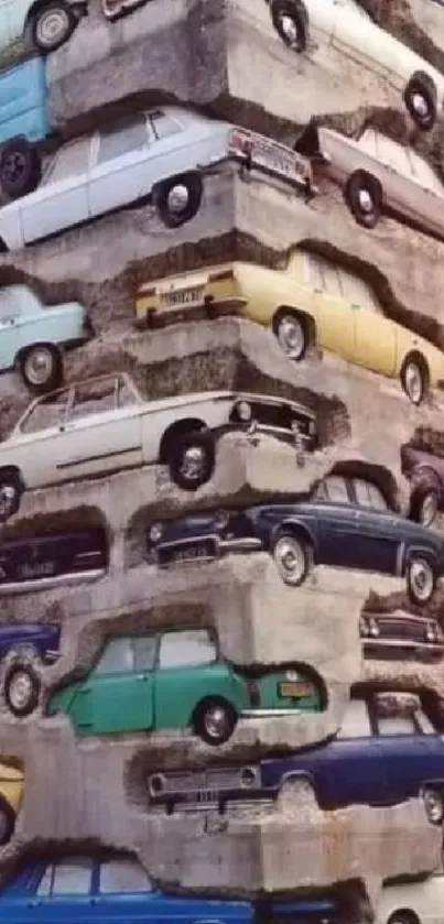 Vintage cars embedded in concrete wall art.