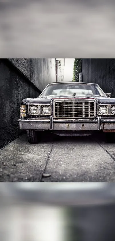 Vintage car parked in a narrow alleyway with a gritty urban feel.