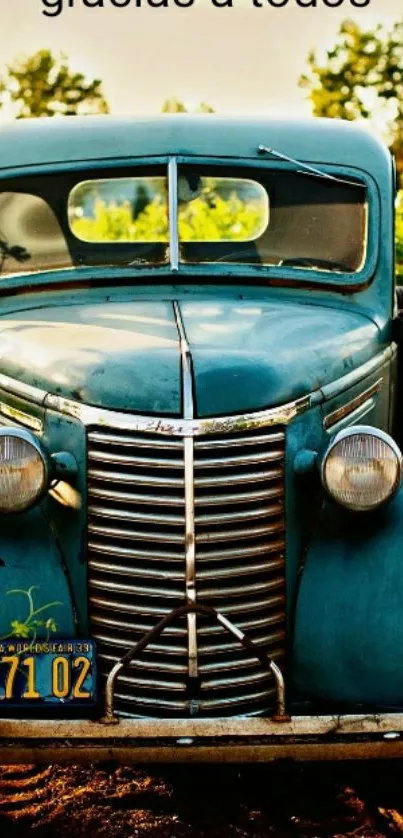 Vintage blue car in a scenic setting.