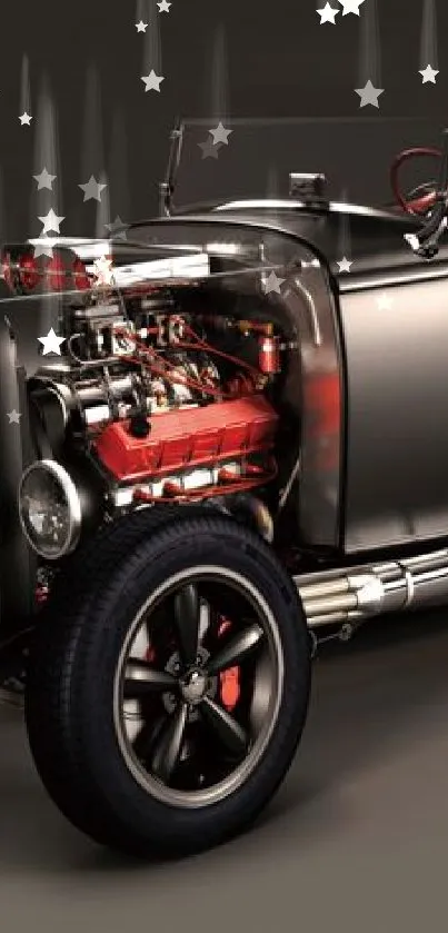 Vintage hot rod car with dark body and red accents.