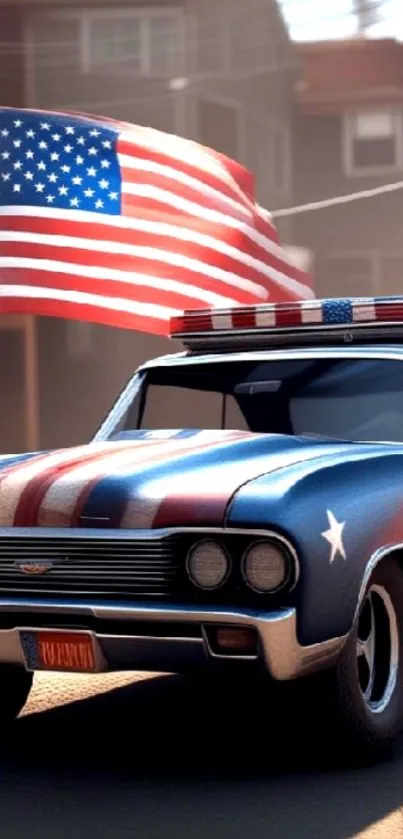 Vintage car with American flag on top