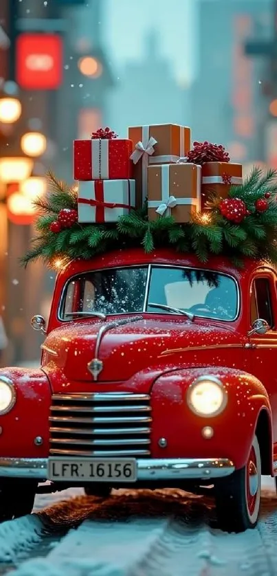 Red vintage car with Christmas gifts on snowy street.