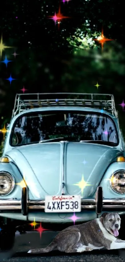 Vintage blue car with a dog, surrounded by colorful sparkles.