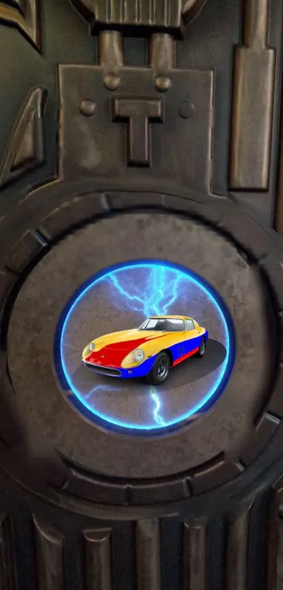 Vintage car encircled by blue lightning on industrial backdrop wallpaper.