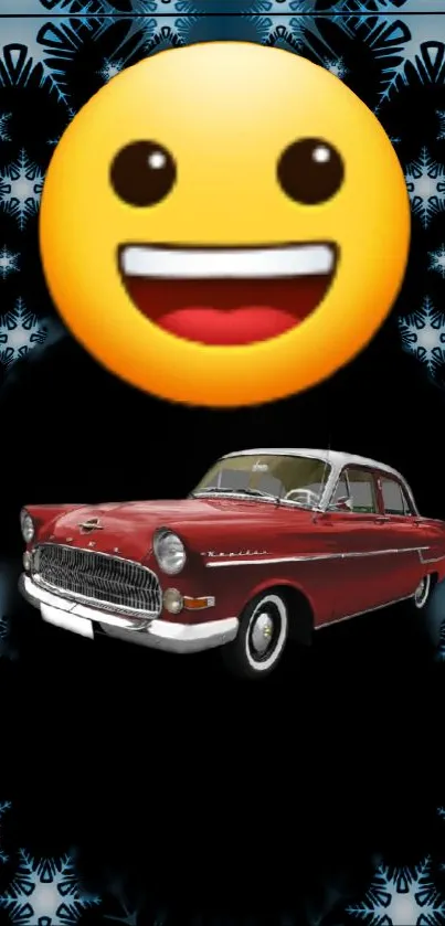 Vintage red car with happy emoji on a snowflake background.