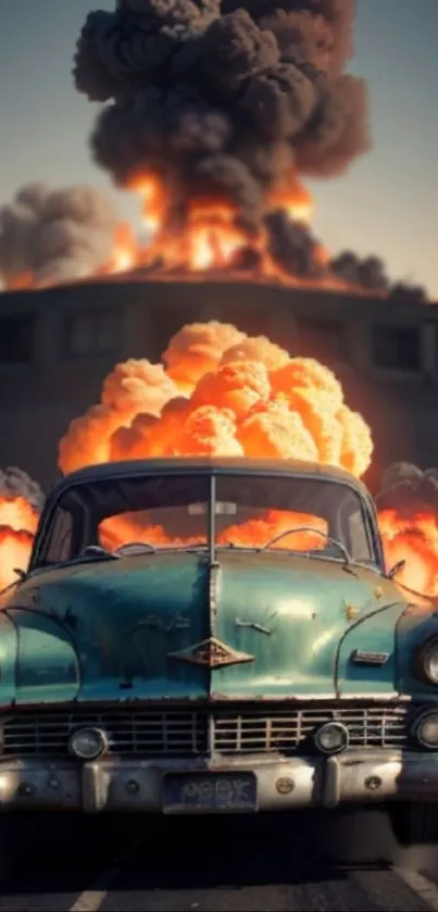 Vintage teal car with fiery explosions in dramatic mobile wallpaper.