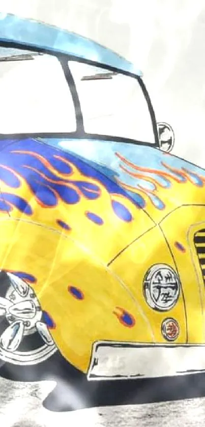 Illustrated blue van with vibrant yellow flames on the side.