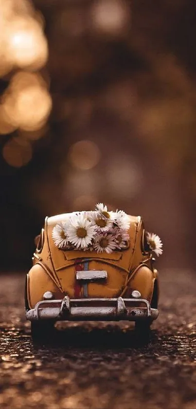 Vintage car with daisies and golden hues.