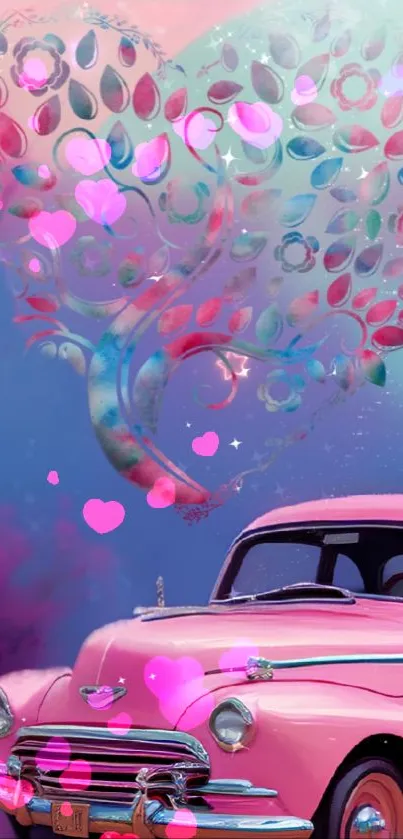 Mobile wallpaper featuring a pink vintage car with heart-shaped tree art.