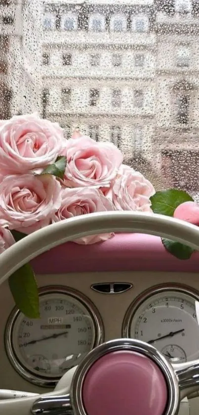 Vintage car with pink roses on dashboard in the rain.