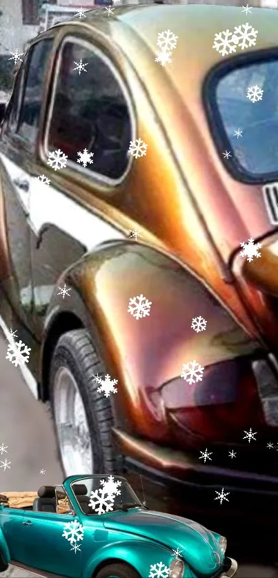 Vintage car with snowflakes on a vibrant mobile wallpaper.