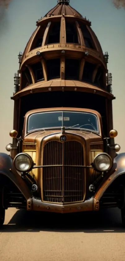 Steampunk vintage car with unique dome structure in sepia tones.