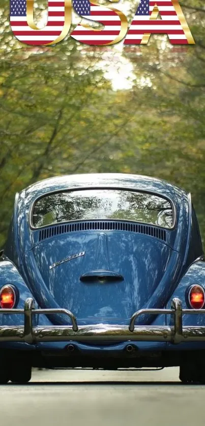 Blue vintage car on forest road with USA flag text.