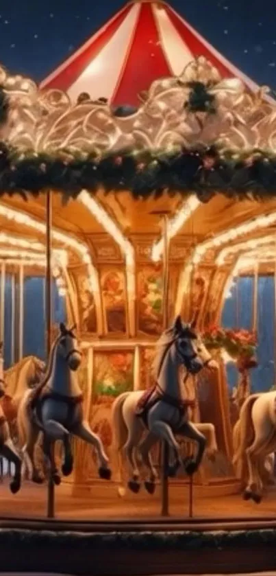 Vintage carousel glowing under a starry night sky.