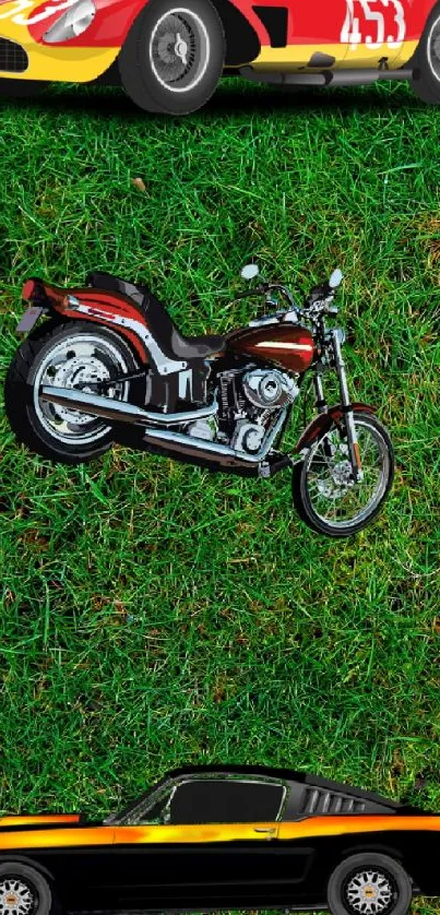 Vintage cars and motorcycle on green grass background.