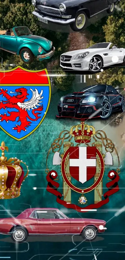 Mobile wallpaper with vintage cars and royal crests.