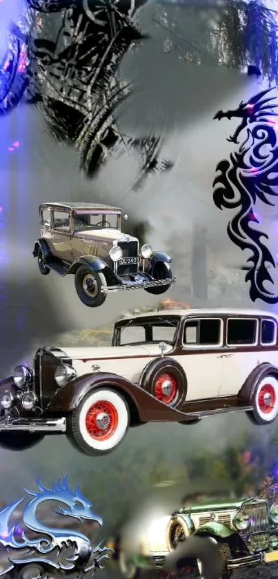 Vintage cars with dragon art accents in a creative wallpaper.