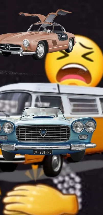 Vintage cars and emoji mobile wallpaper, blending nostalgia with digital art.