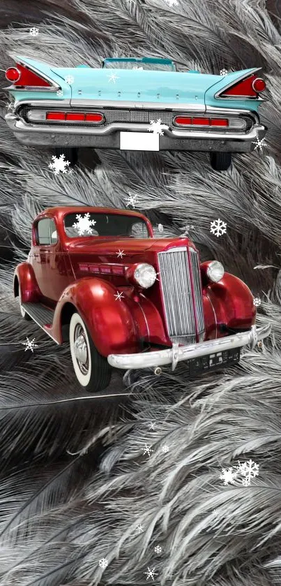 Red vintage car on gray feather background with turquoise car details.