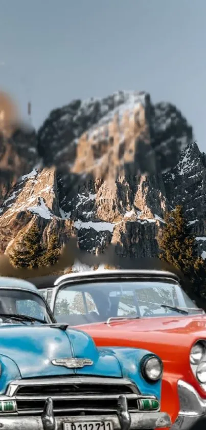 Vintage cars with a mountain backdrop wallpaper.