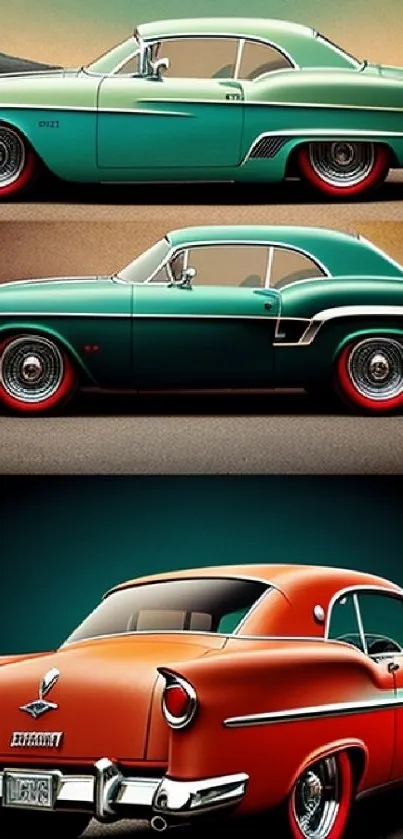 Artistic depiction of vintage cars in vibrant colors on a road.