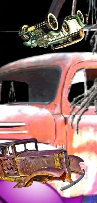 Surreal vintage car art in vibrant coral hues.