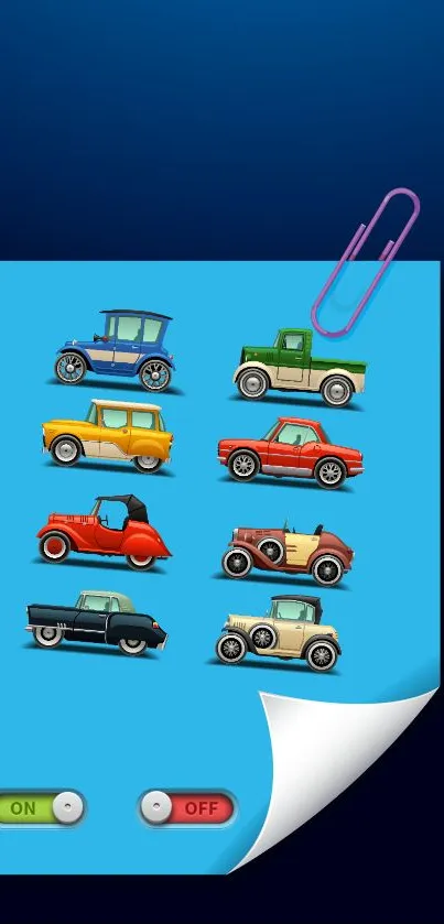 Colorful vintage cars on blue paper, mobile wallpaper.