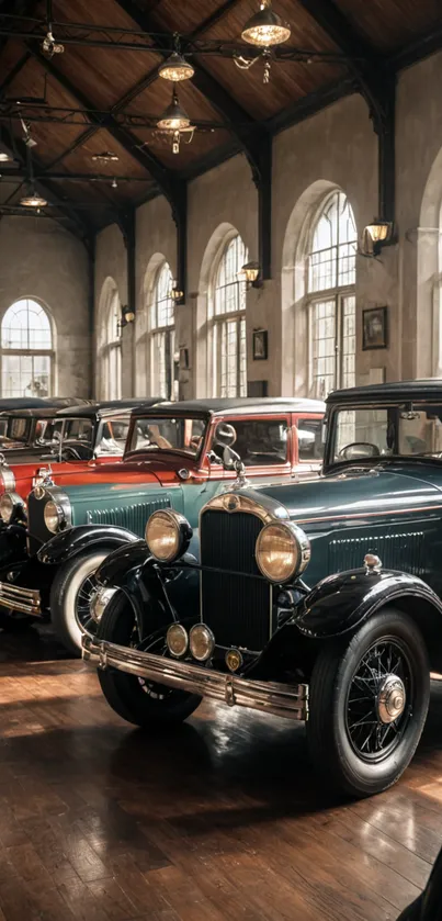 Vintage cars parked in a classic garage with elegant lighting.