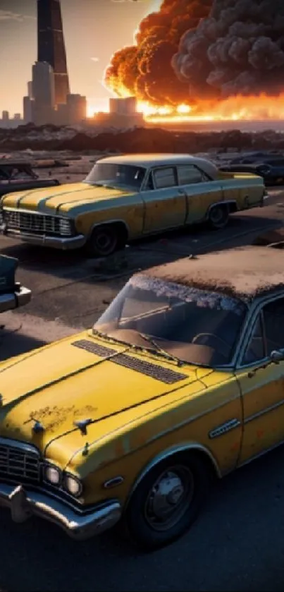 Vintage cars in a dystopian city under dramatic clouds and sunset.