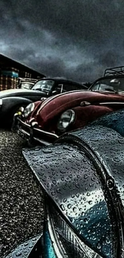 Close-up of vintage cars covered in raindrops under a cloudy sky.