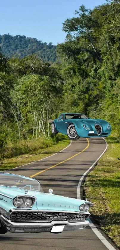 A charming vintage car on a lush forest road, blending nostalgia with nature.