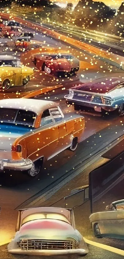 Vintage cars on a vibrant sunset-lit highway wallpaper.