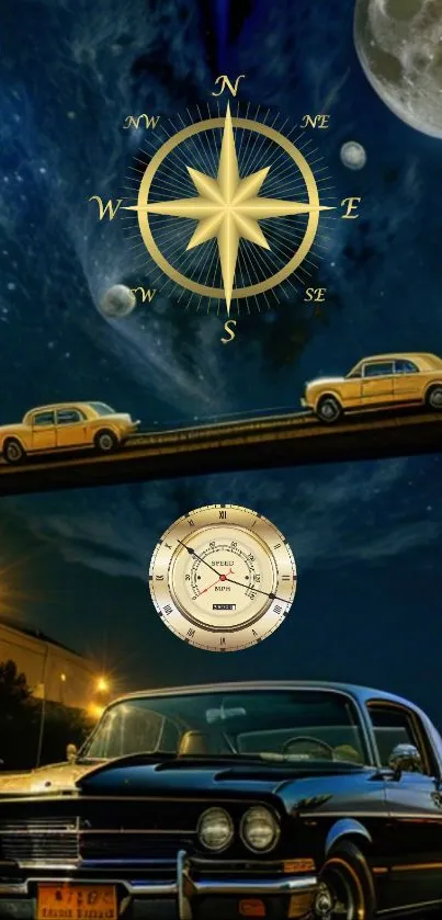 Vintage cars on a bridge with a cosmic night sky backdrop and full moons.