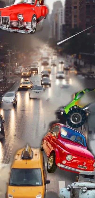 Vibrant vintage cars cruising through urban cityscape wallpaper.