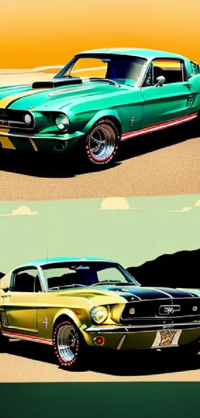 Vintage green and yellow cars on retro wallpaper background.